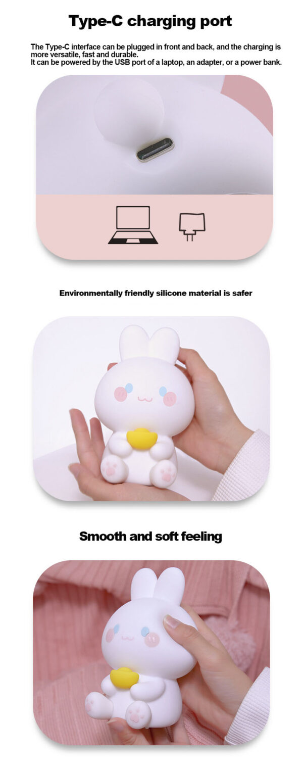 Rechargeable Silicone Night Light Touch Control Cute Animal Rabbit Bunny Night Lamp Bedroom Decor - Image 8