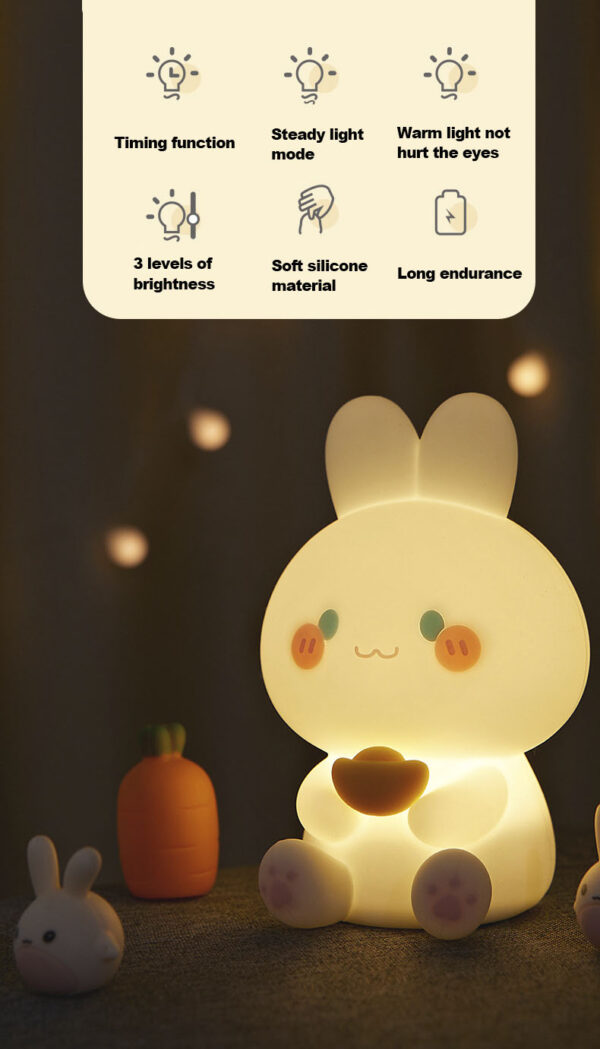 Rechargeable Silicone Night Light Touch Control Cute Animal Rabbit Bunny Night Lamp Bedroom Decor - Image 5