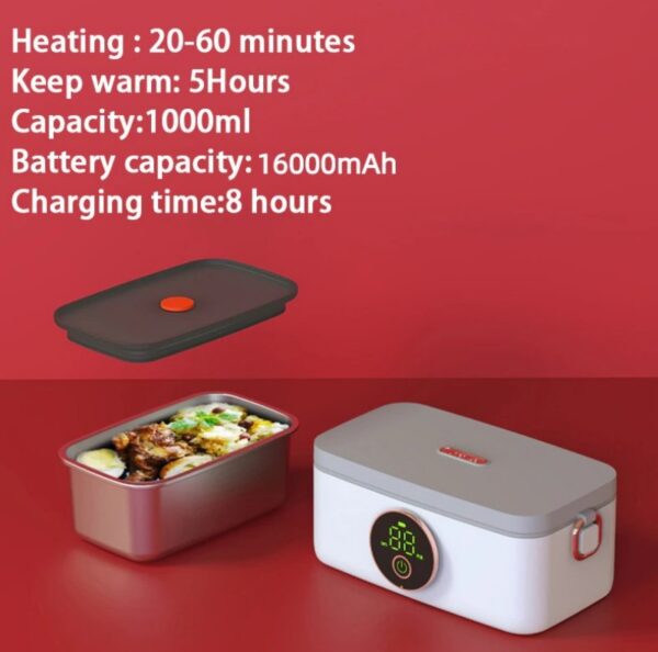 Rechargeable Stainless Steel Electric Mskwee Lunch Box Cordless Food Heater Portable Faster Food Warmer with 1L Removable Container for Car Home - Image 5